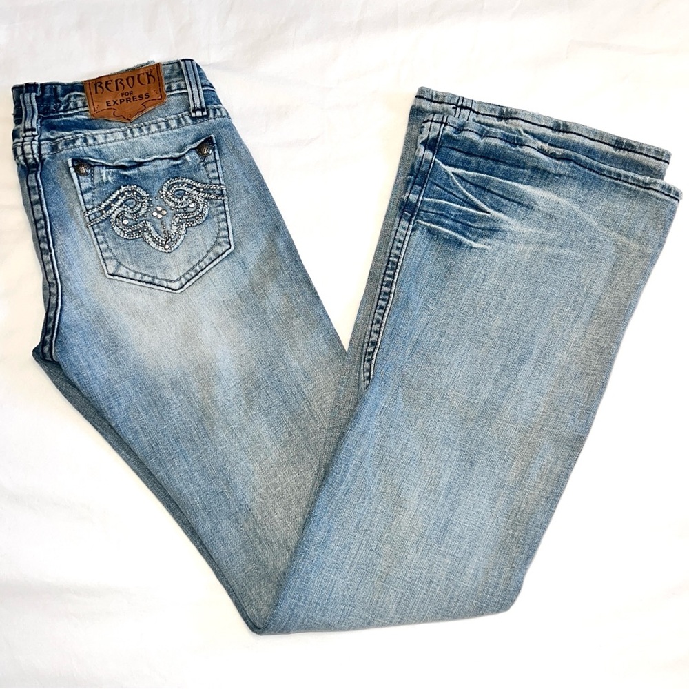 Y2K 2011 REROCK For Express Distressed Bling Flare Low Rise Jeans Size 0/25 Reg